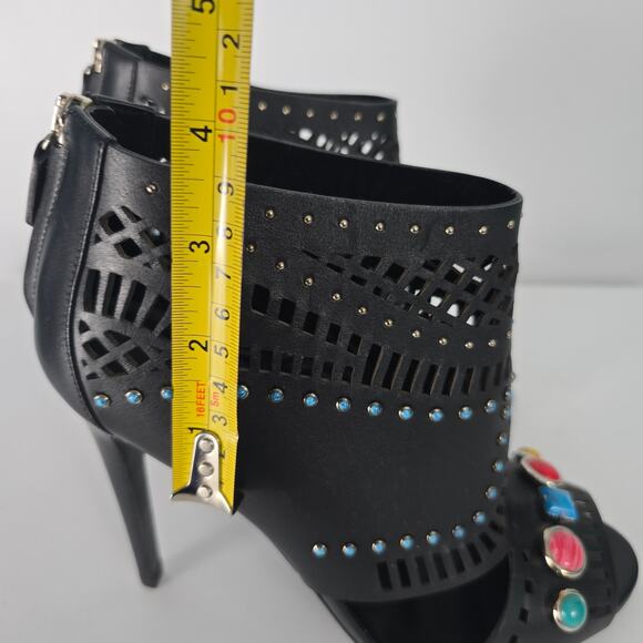 Gucci Lika Laser Cut Black Leather Jewel Studded Heeled Open Toe Booties 40 - Picture 7 of 15